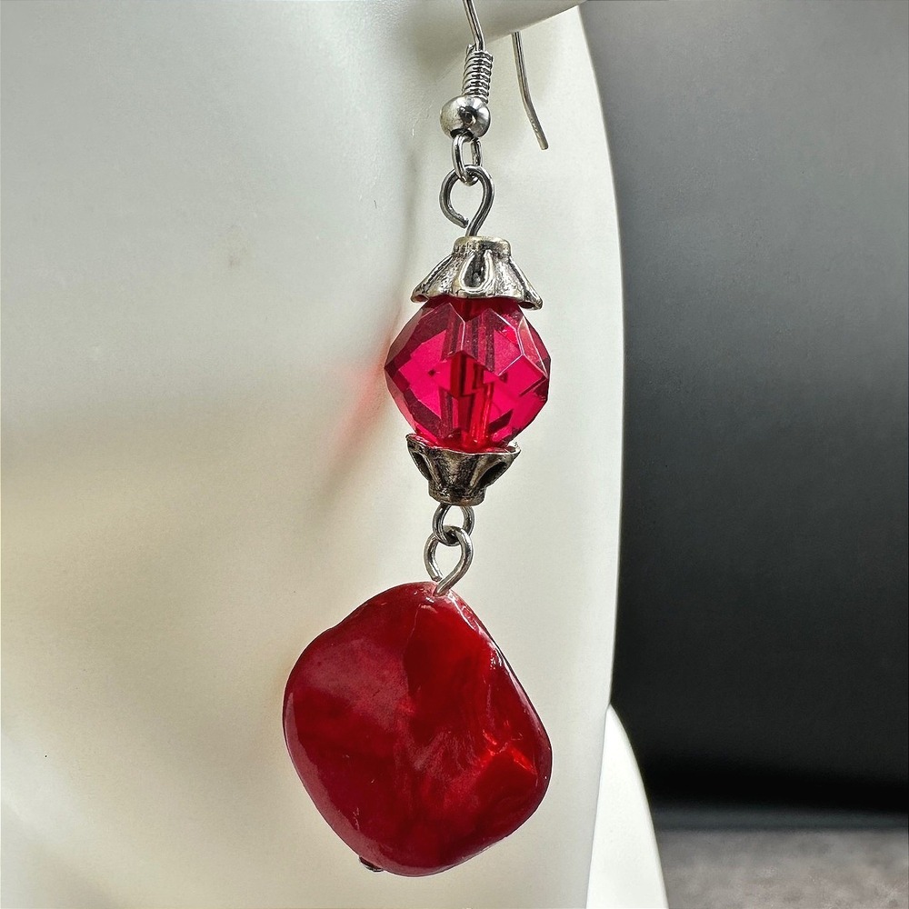 Coronet Vintage Red Bead & Faceted Crystal Silver-Tone Statement Dangle Earrings